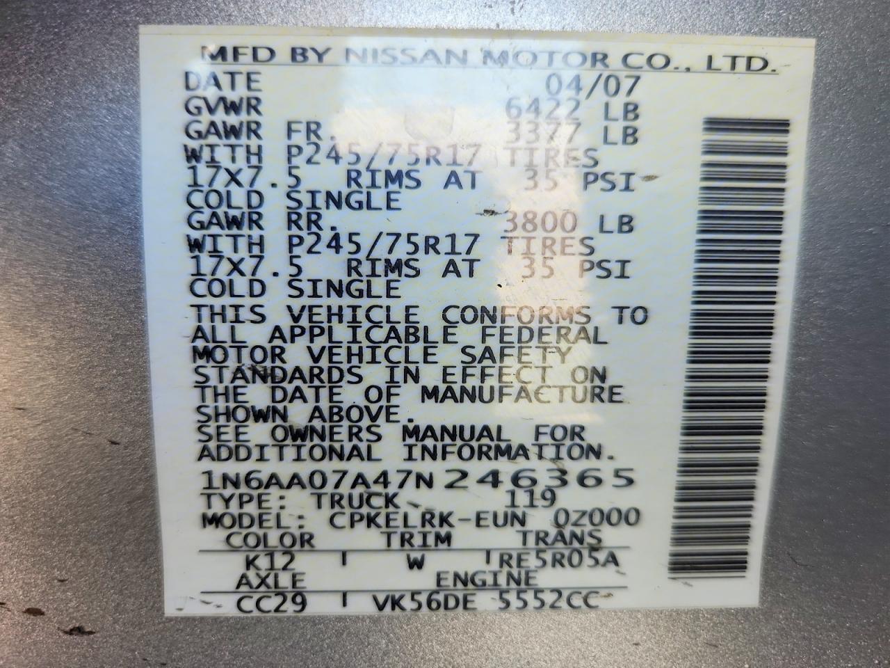 1N6AA07A47N246365 2007 NISSAN TITAN photo no. 12