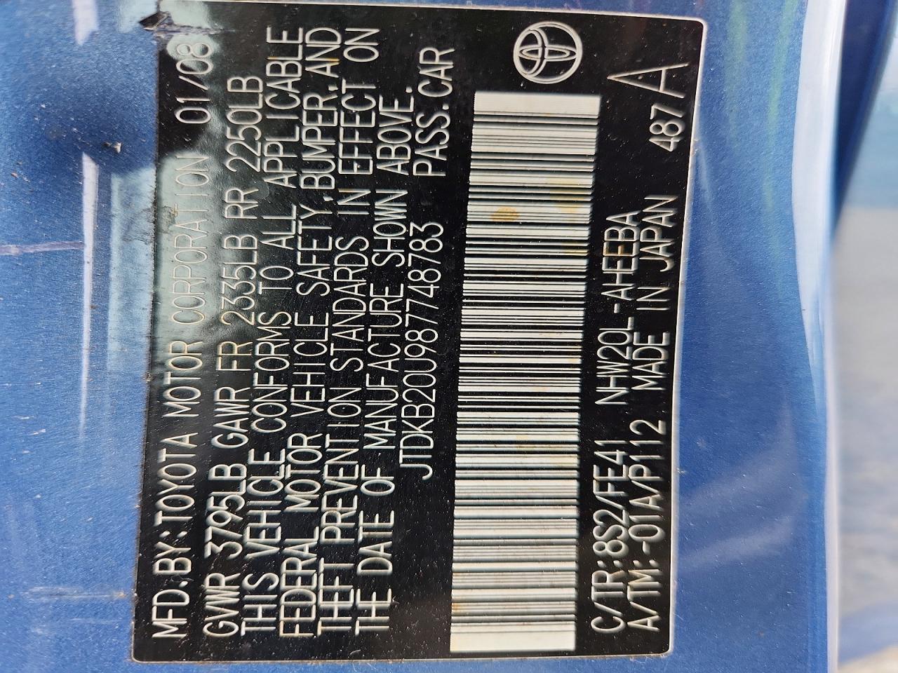 JTDKB20U987748783 2008 TOYOTA PRIUS photo no. 12