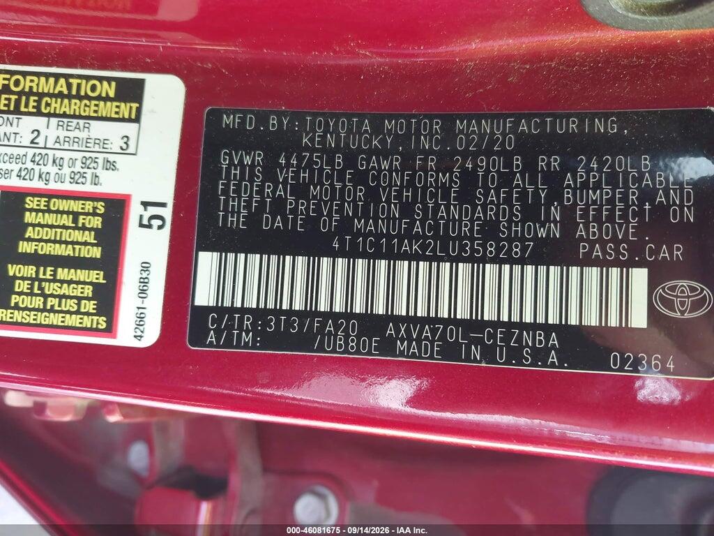 4T1C11AK2LU358287 2020 TOYOTA CAMRY photo no. 9