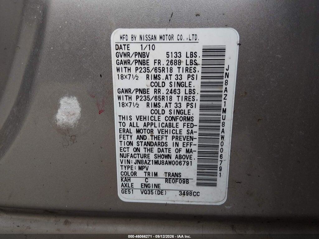 JN8AZ1MU8AW006791 2010 NISSAN MURANO photo no. 9