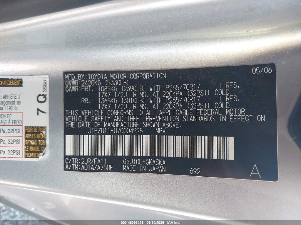 JTEZU11F070004298 2007 TOYOTA FJ CRUISER photo no. 9