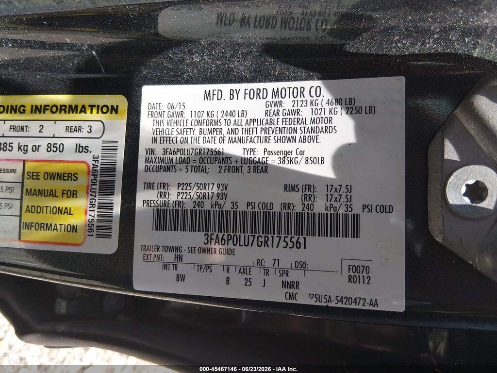 3FA6P0LU7GR175561 2016 FORD FUSION HYBRID photo no. 9