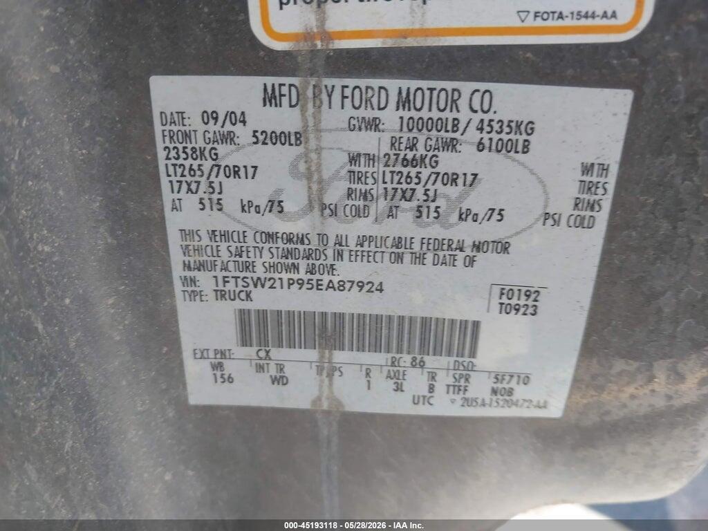 1FTSW21P95EA87924 2005 FORD F-250 photo no. 9