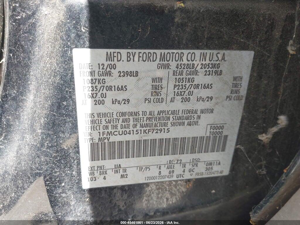 1FMCU04151KF72915 2001 FORD ESCAPE photo no. 9