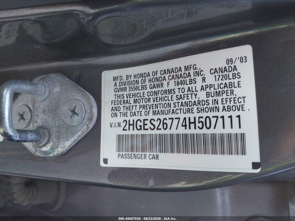 2HGES26774H507111 2004 HONDA CIVIC photo no. 9