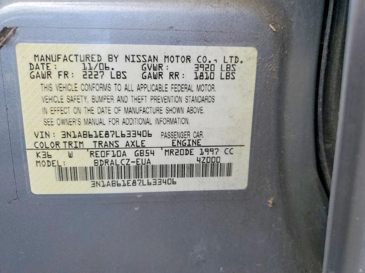 3N1AB61E87L633406 2007 NISSAN SENTRA photo no. 12