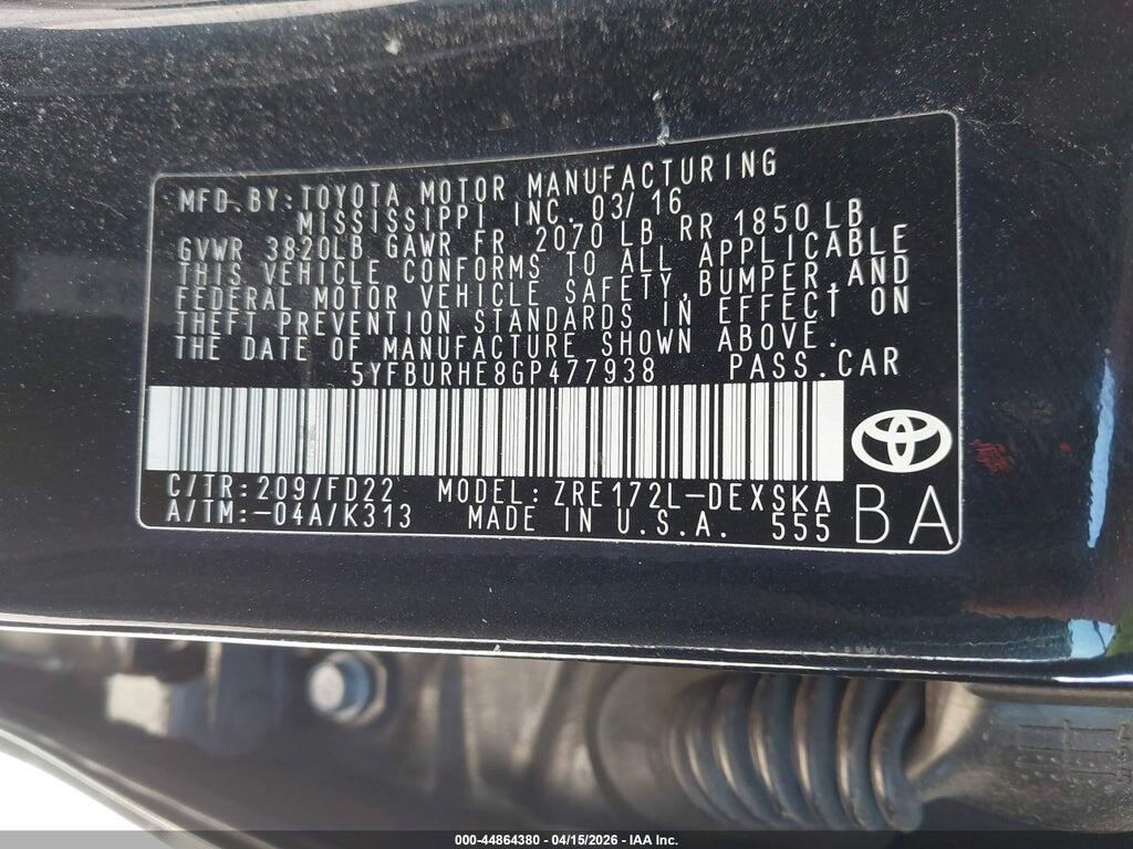 5YFBURHE8GP477938 2016 TOYOTA COROLLA photo no. 9