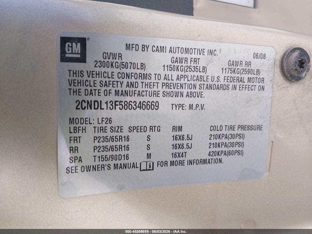 2CNDL13F586346669 2008 CHEVROLET EQUINOX photo no. 9