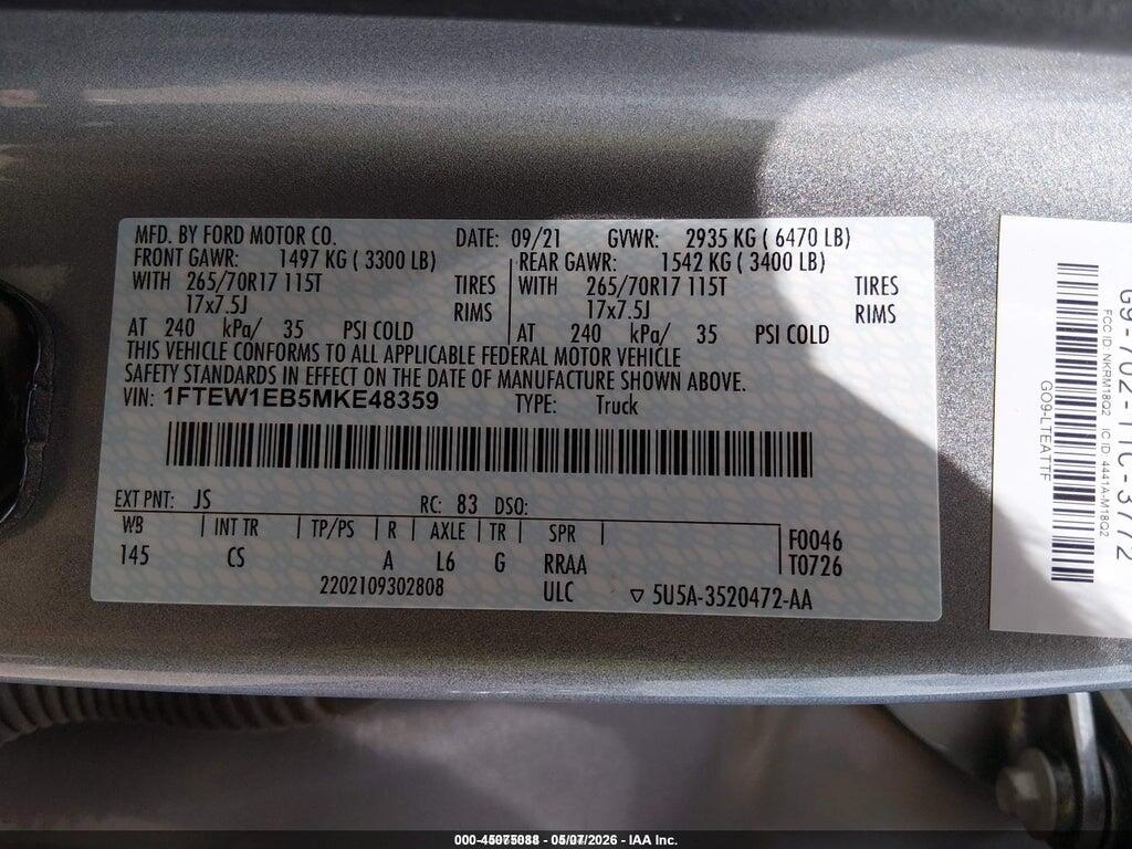 1FTEW1EB5MKE48359 2021 FORD F-150 photo no. 9