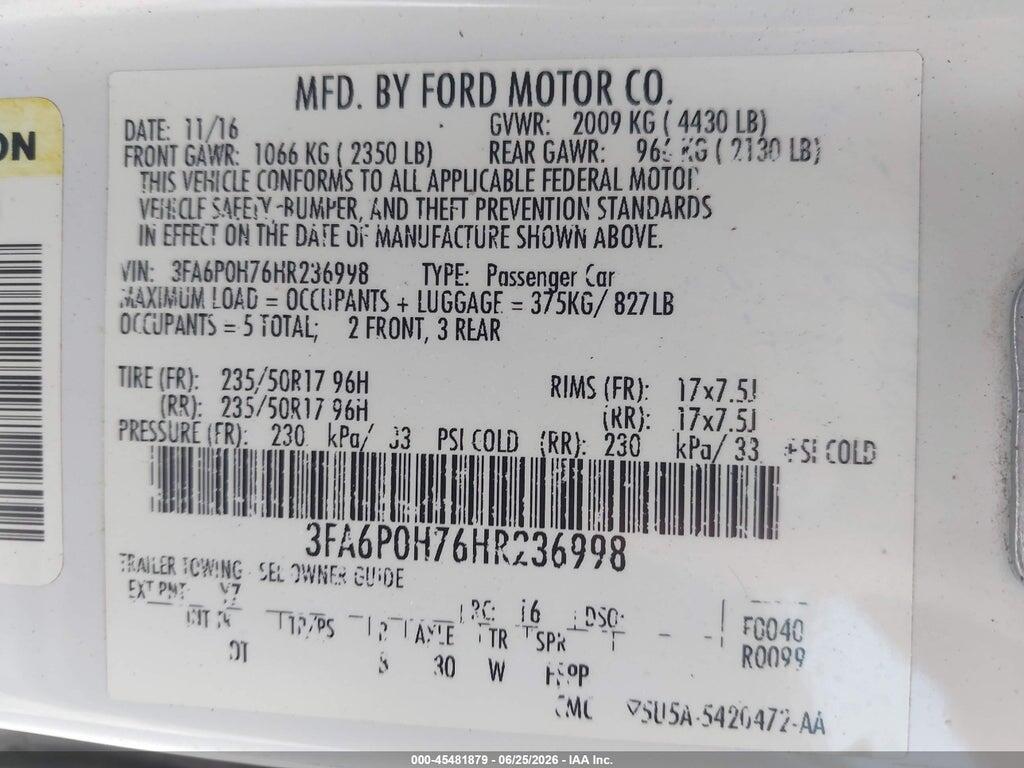 3FA6P0H76HR236998 2017 FORD FUSION photo no. 9