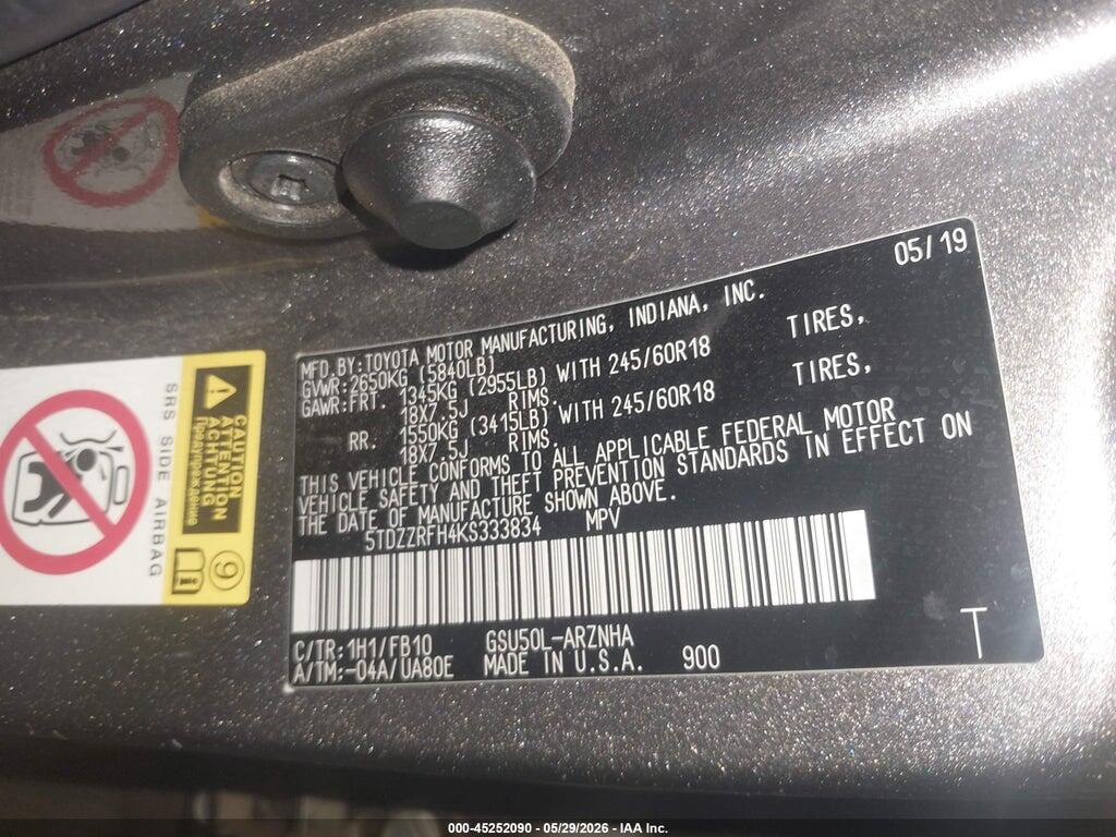 5TDZZRFH4KS333834 2019 TOYOTA HIGHLANDER photo no. 9