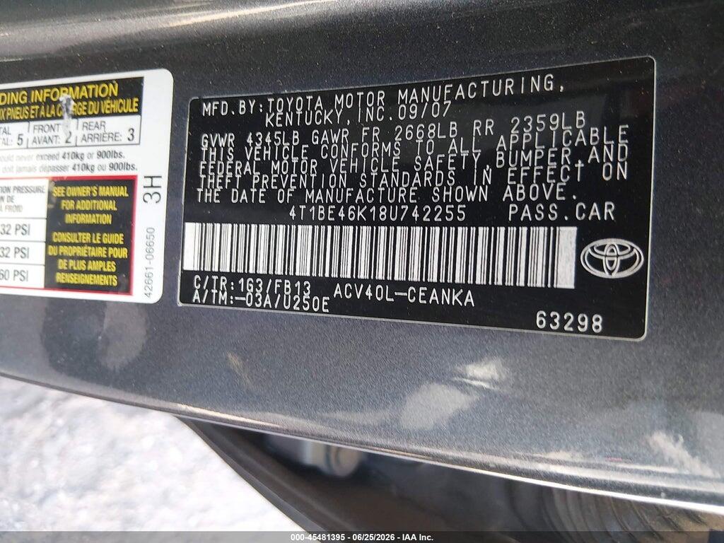 4T1BE46K18U742255 2008 TOYOTA CAMRY photo no. 9