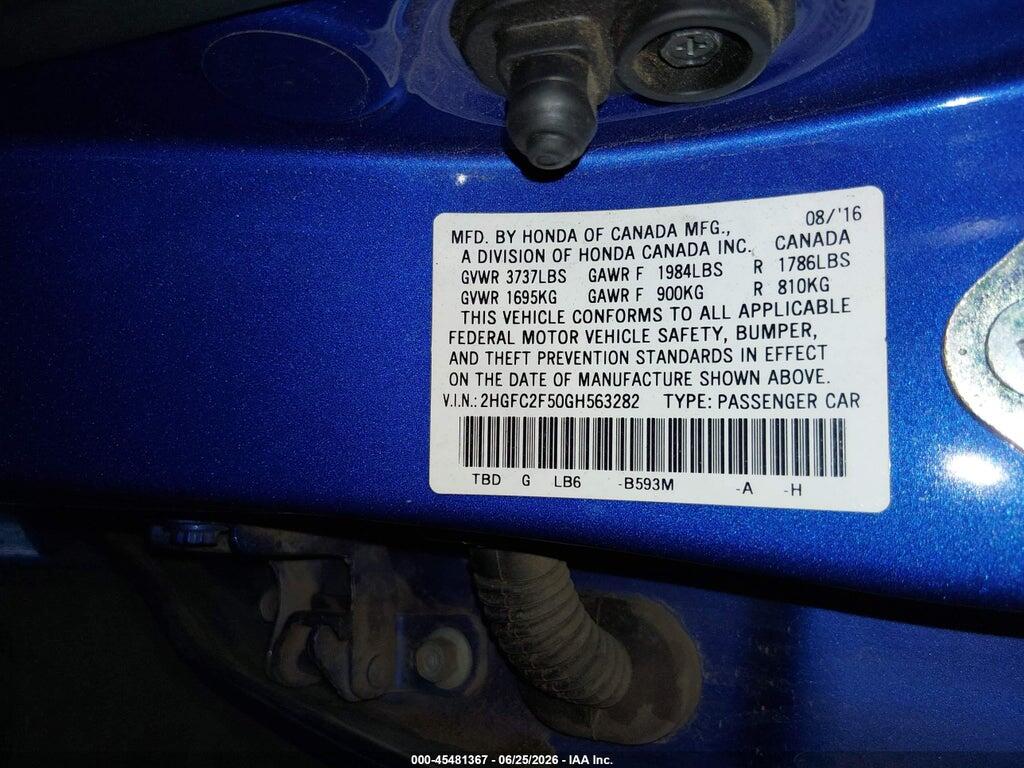 2HGFC2F50GH563282 2016 HONDA CIVIC photo no. 9