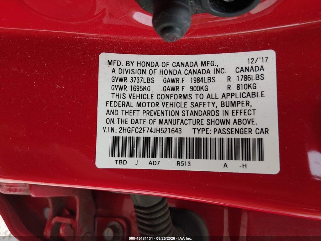 2HGFC2F74JH521643 2018 HONDA CIVIC photo no. 9