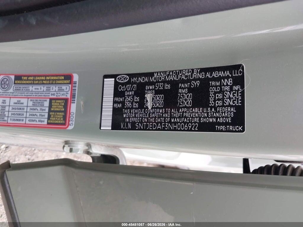 5NTJEDAF3NH006922 2022 HYUNDAI SANTA CRUZ photo no. 9