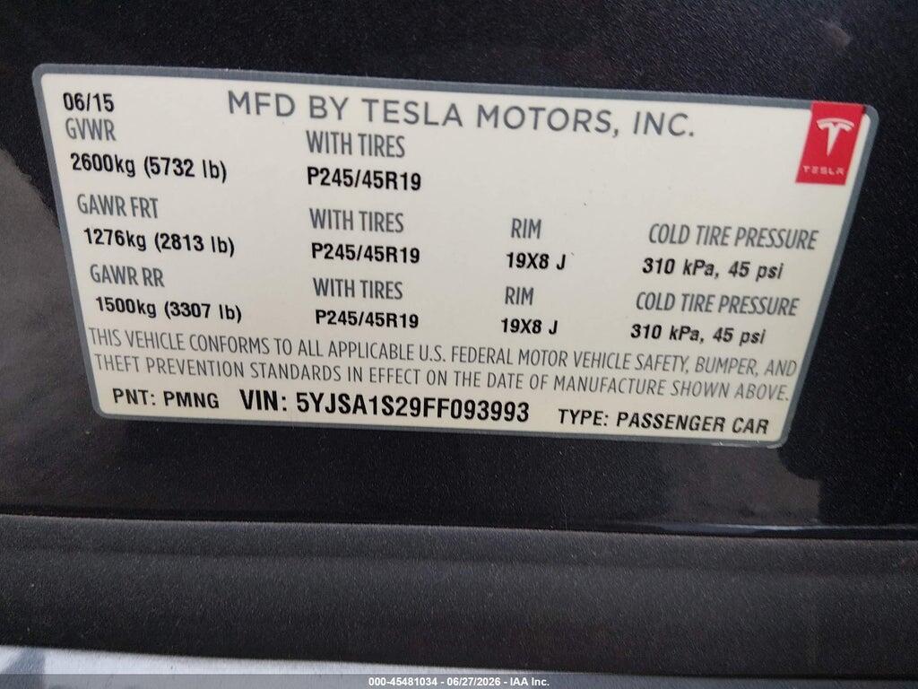 5YJSA1S29FF093993 2015 TESLA MODEL S photo no. 9