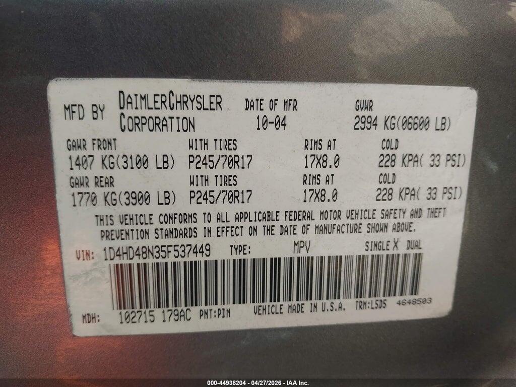1D4HD48N35F537449 2005 DODGE DURANGO photo no. 9