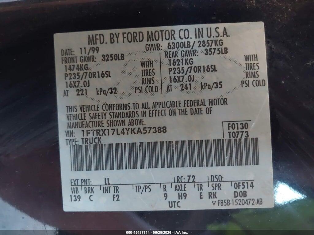 1FTRX17L4YKA57388 2000 FORD F-150 photo no. 9