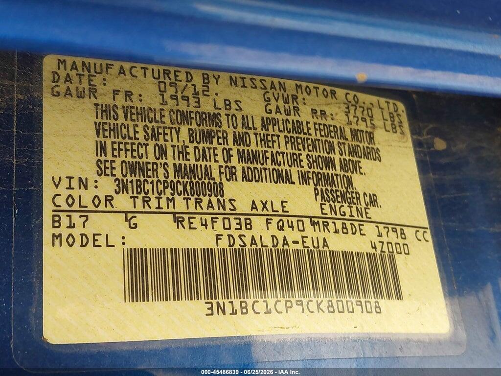 3N1BC1CP9CK800908 2012 NISSAN VERSA photo no. 9