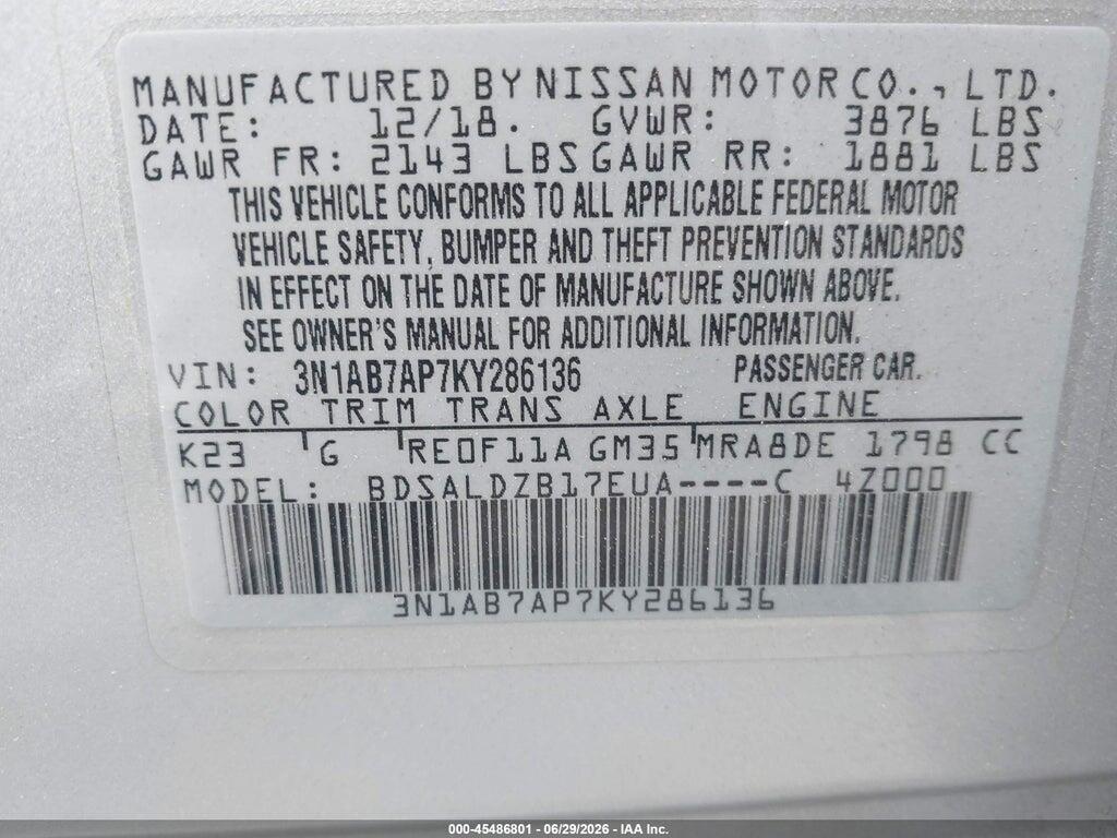 3N1AB7AP7KY286136 2019 NISSAN SENTRA photo no. 9
