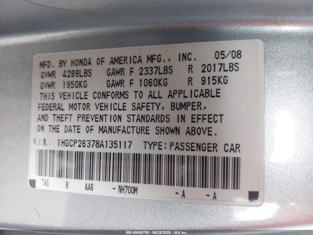 1HGCP26378A135117 2008 HONDA ACCORD photo no. 9