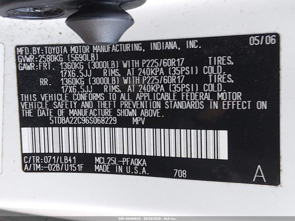 5TDBA22C96S068229 2006 TOYOTA SIENNA photo no. 9