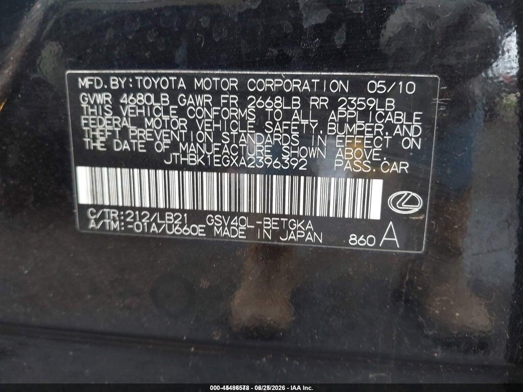 JTHBK1EGXA2396392 2010 LEXUS ES 350 photo no. 9