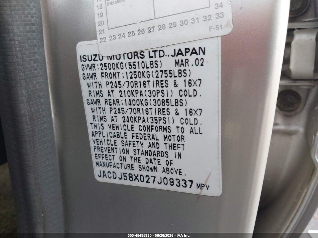 JACDJ58X027J09337 2002 ISUZU TROOPER photo no. 9