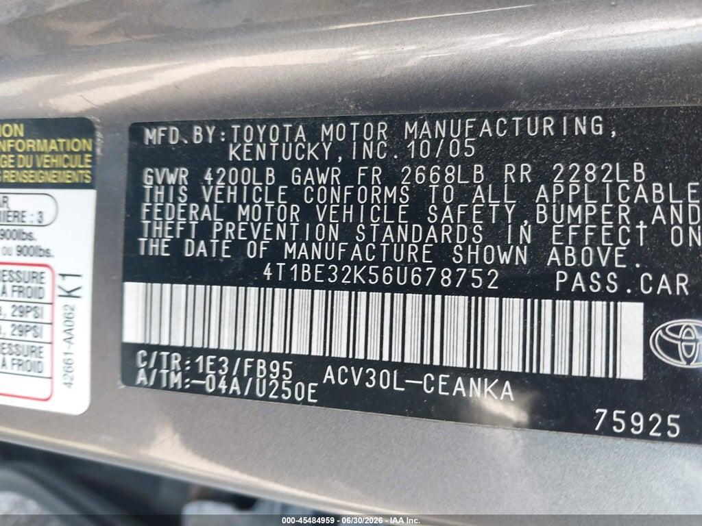 4T1BE32K56U678752 2006 TOYOTA CAMRY photo no. 9