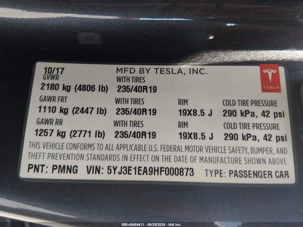 5YJ3E1EA9HF000873 2017 TESLA MODEL 3 photo no. 9