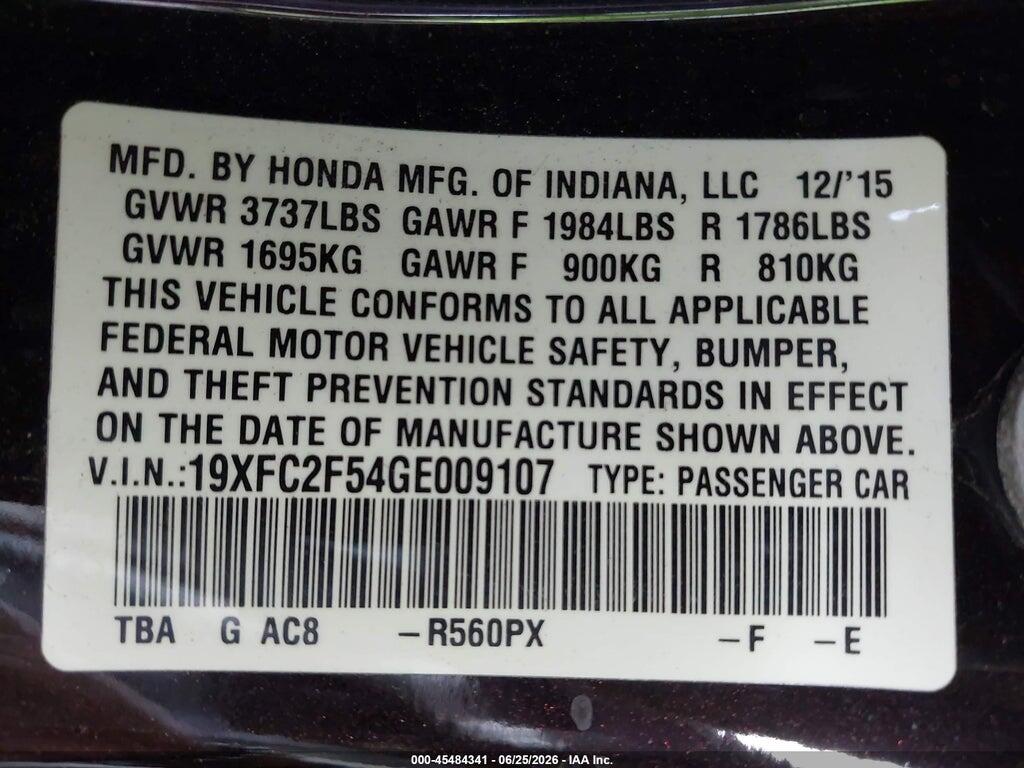 19XFC2F54GE009107 2016 HONDA CIVIC photo no. 9