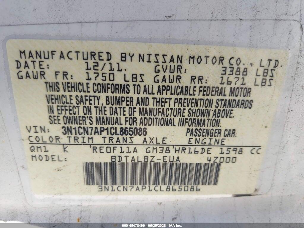 3N1CN7AP1CL865086 2012 NISSAN VERSA photo no. 9