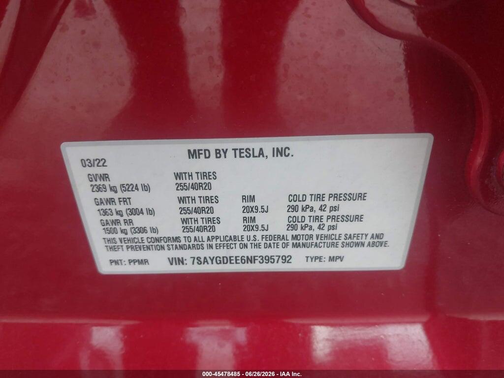7SAYGDEE6NF395792 2022 TESLA MODEL Y photo no. 9