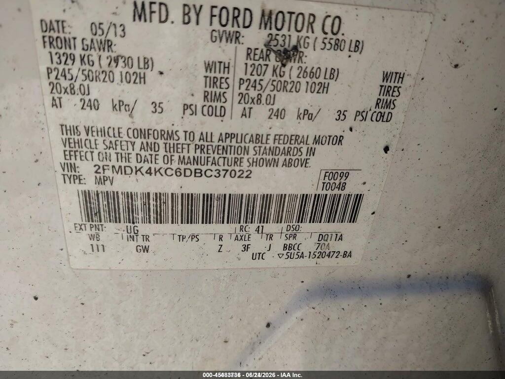 2FMDK4KC6DBC37022 2013 FORD EDGE photo no. 9