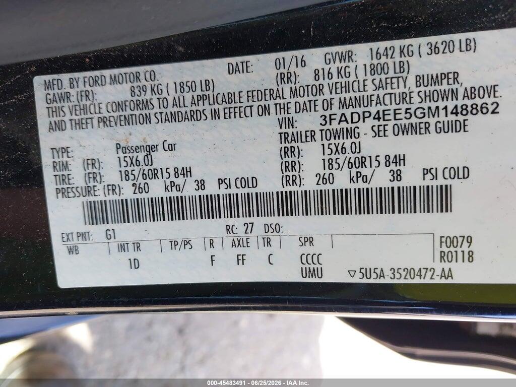 3FADP4EE5GM148862 2016 FORD FIESTA photo no. 9