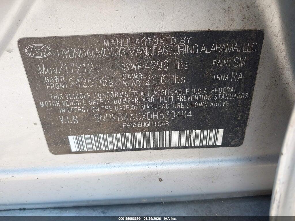 5NPEB4ACXDH530484 2013 HYUNDAI SONATA photo no. 9