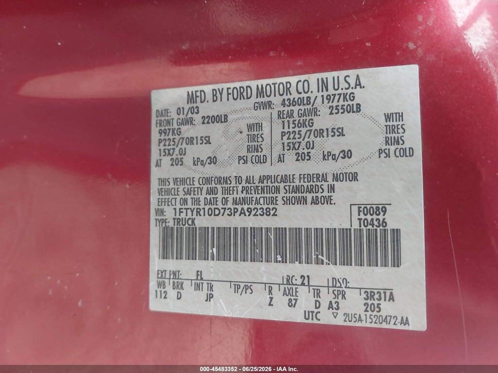 1FTYR10D73PA92382 2003 FORD RANGER photo no. 9