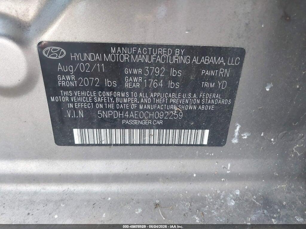 5NPDH4AE0CH092259 2012 HYUNDAI ELANTRA photo no. 9