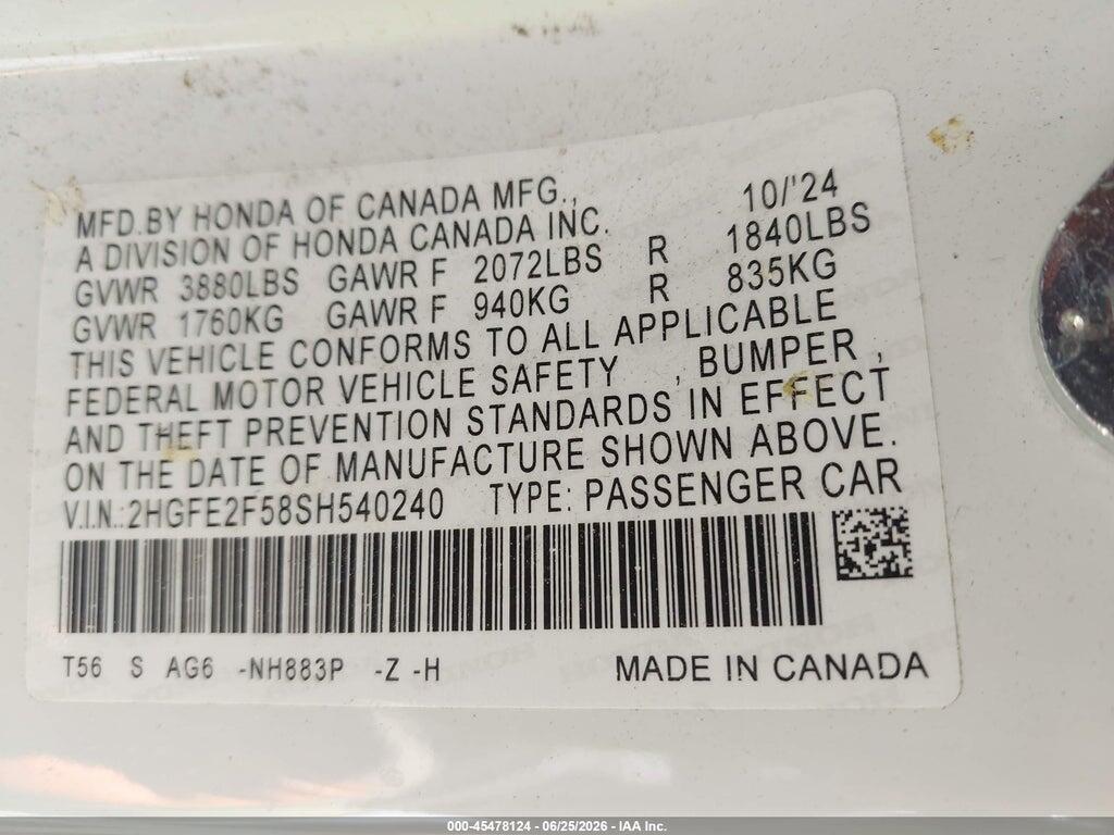 2HGFE2F58SH540240 2025 HONDA CIVIC photo no. 9
