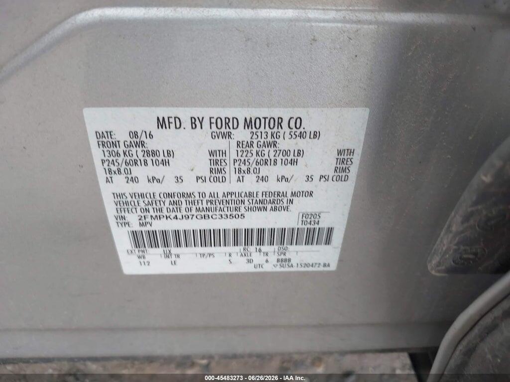 2FMPK4J97GBC33505 2016 FORD EDGE photo no. 9