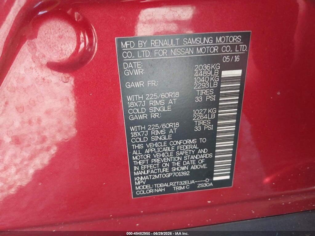 KNMAT2MT0GP701392 2016 NISSAN ROGUE photo no. 9