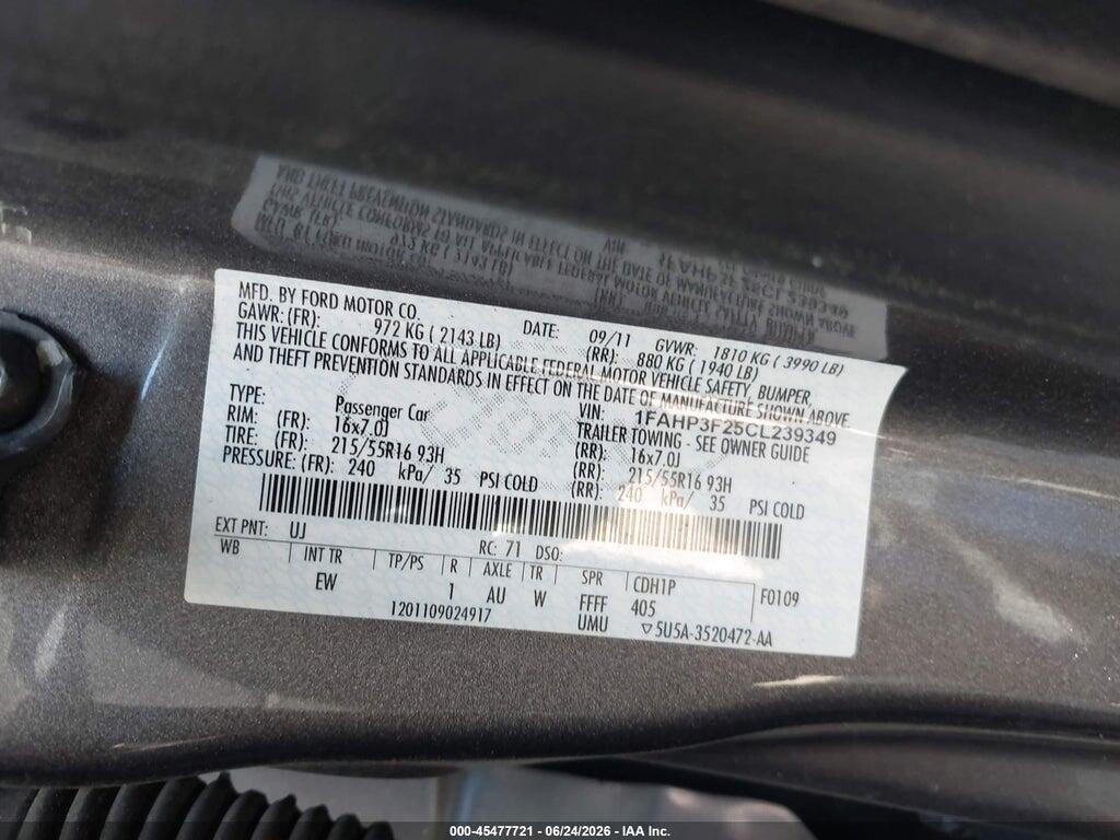 1FAHP3F25CL239349 2012 FORD FOCUS photo no. 9