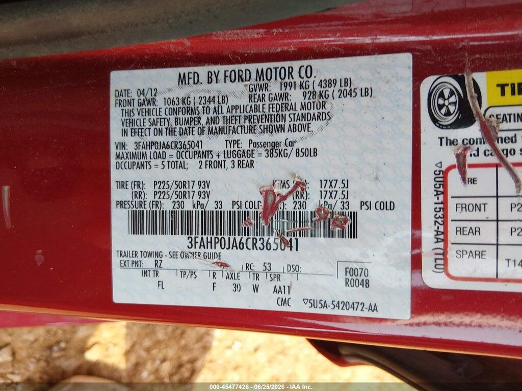 3FAHP0JA6CR365041 2012 FORD FUSION photo no. 9