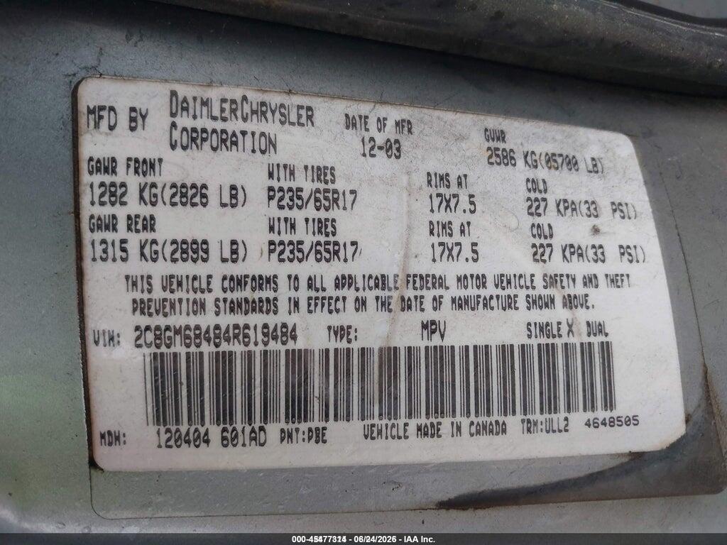2C8GM68484R619484 2004 CHRYSLER PACIFICA photo no. 9