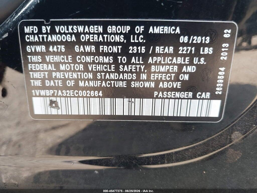 1VWBP7A32EC002664 2014 VOLKSWAGEN PASSAT photo no. 9