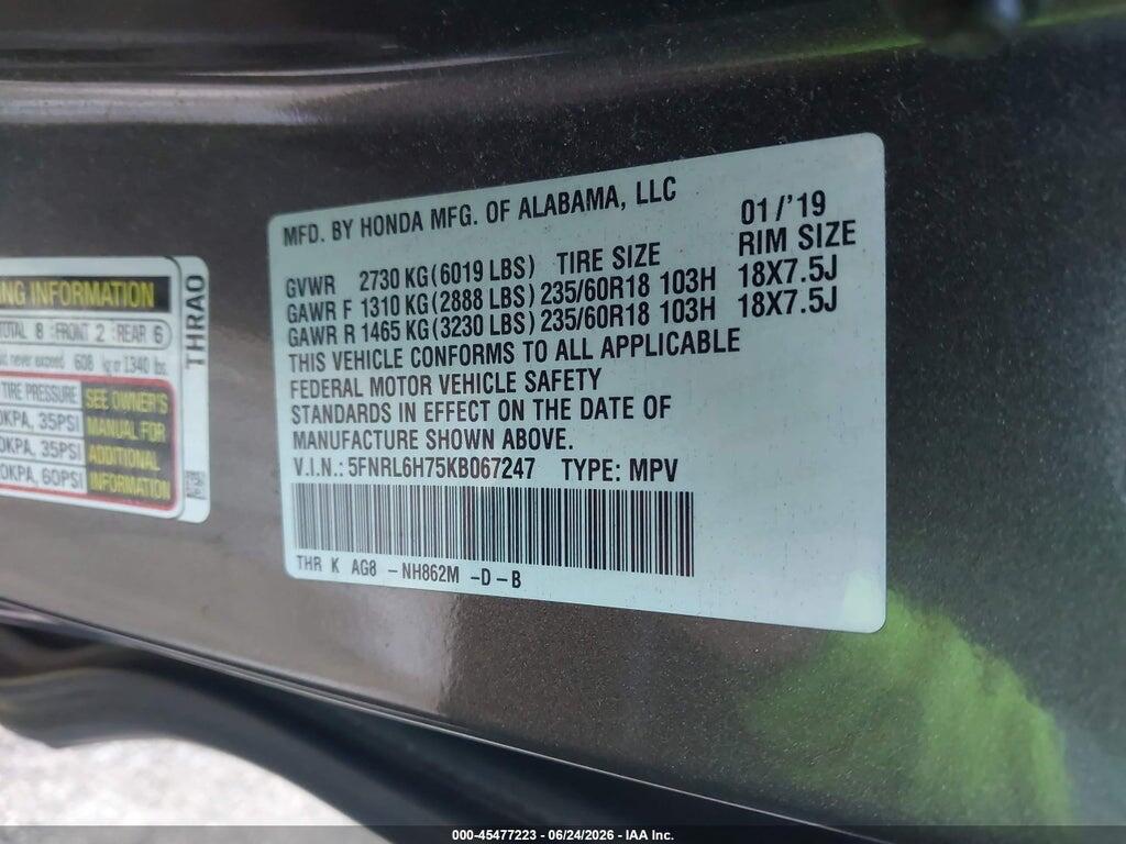 5FNRL6H75KB067247 2019 HONDA ODYSSEY photo no. 9