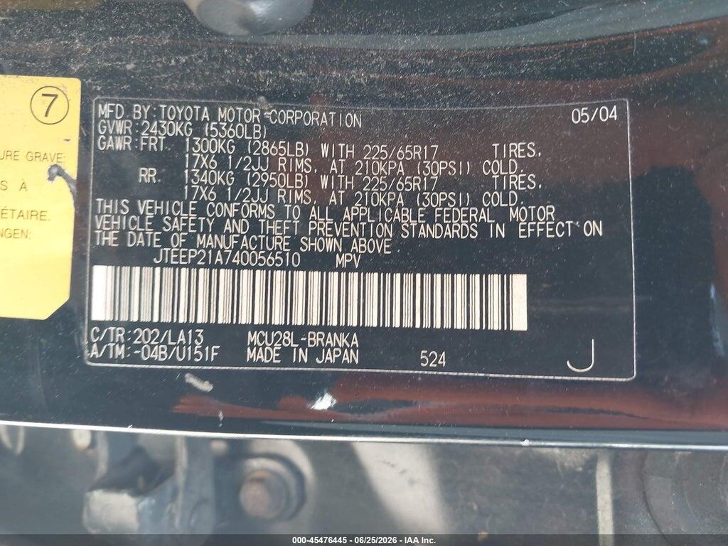 JTEEP21A740056510 2004 TOYOTA HIGHLANDER photo no. 9