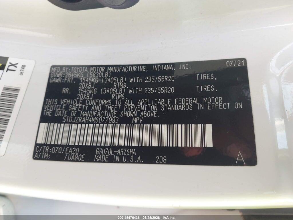 5TDJZRAH4MS077993 2021 TOYOTA HIGHLANDER photo no. 9