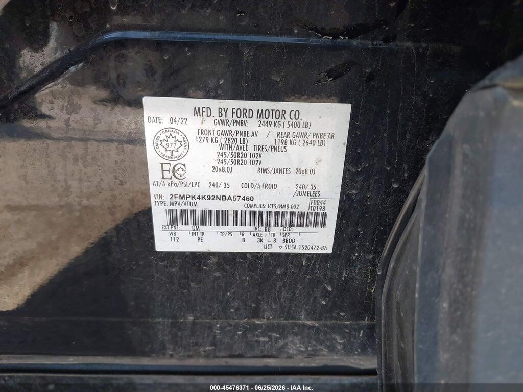2FMPK4K92NBA57460 2022 FORD EDGE photo no. 9