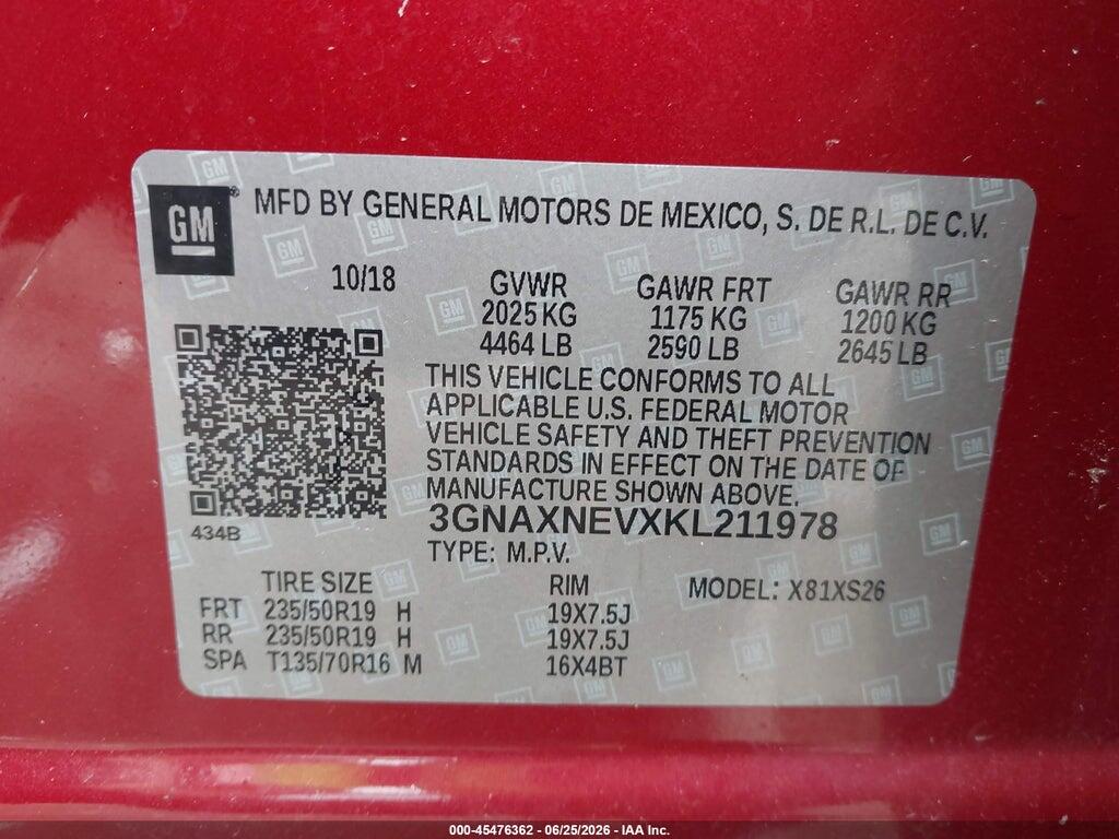 3GNAXNEVXKL211978 2019 CHEVROLET EQUINOX photo no. 9